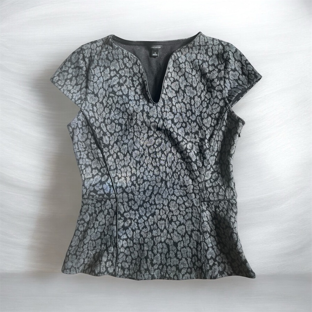 Ann Taylor Black and Gray Peplum Animal Print Top Faux Leather Trim Size S